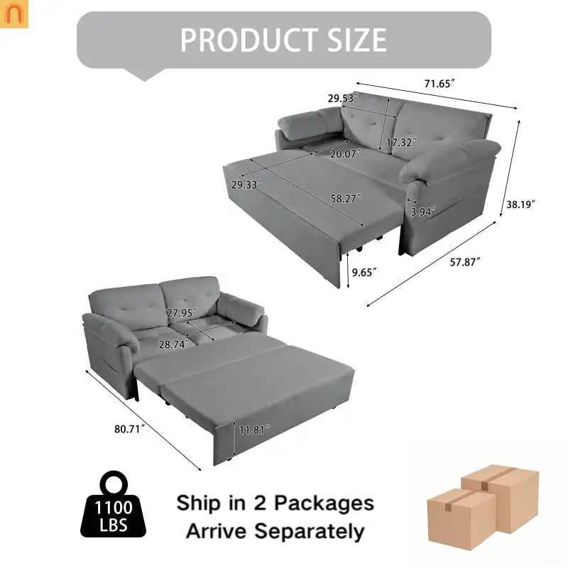 Sofa Bed Convertible Chenille Gray Queen Sleeper Storage Pockets 71in