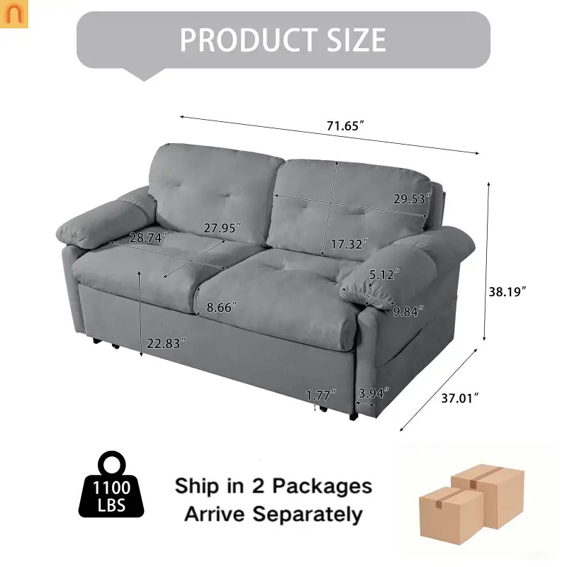 Sofa Bed Convertible Chenille Gray Queen Sleeper Storage Pockets 71in