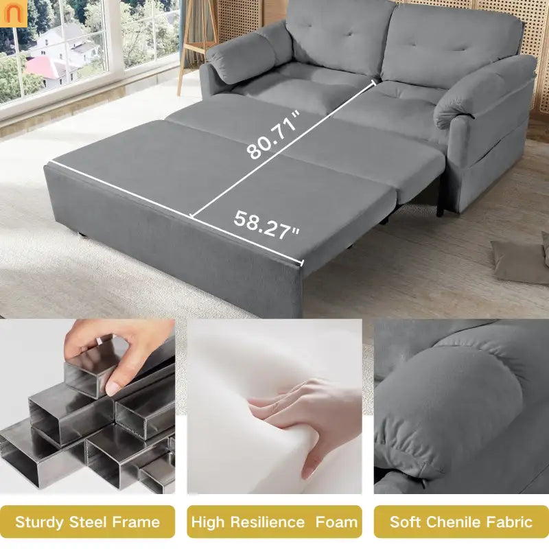 Sofa Bed Convertible Chenille Gray Queen Sleeper Storage Pockets 71in