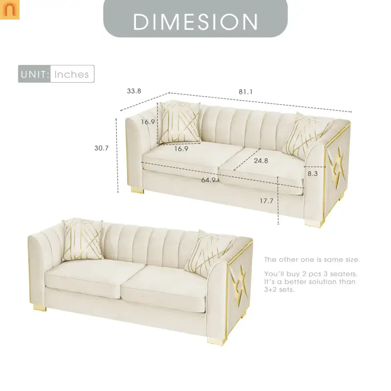 Sofa Mid-Century Velvet Beige 3-Seat Gold Hardware 81in