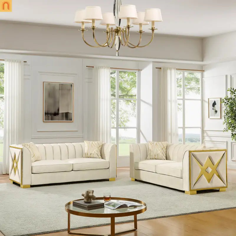 Sofa Mid-Century Velvet Beige 3-Seat Gold Hardware 81in