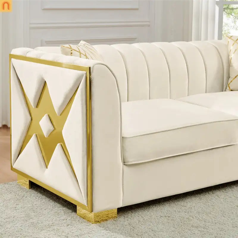 Sofa Mid-Century Velvet Beige 3-Seat Gold Hardware 81in
