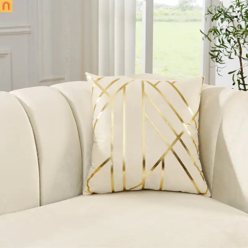 Sofa Mid-Century Velvet Beige 3-Seat Gold Hardware 81in