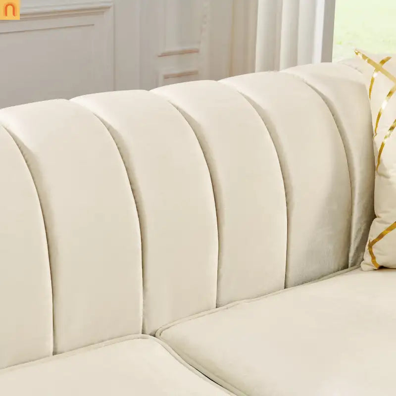 Sofa Mid-Century Velvet Beige 3-Seat Gold Hardware 81in