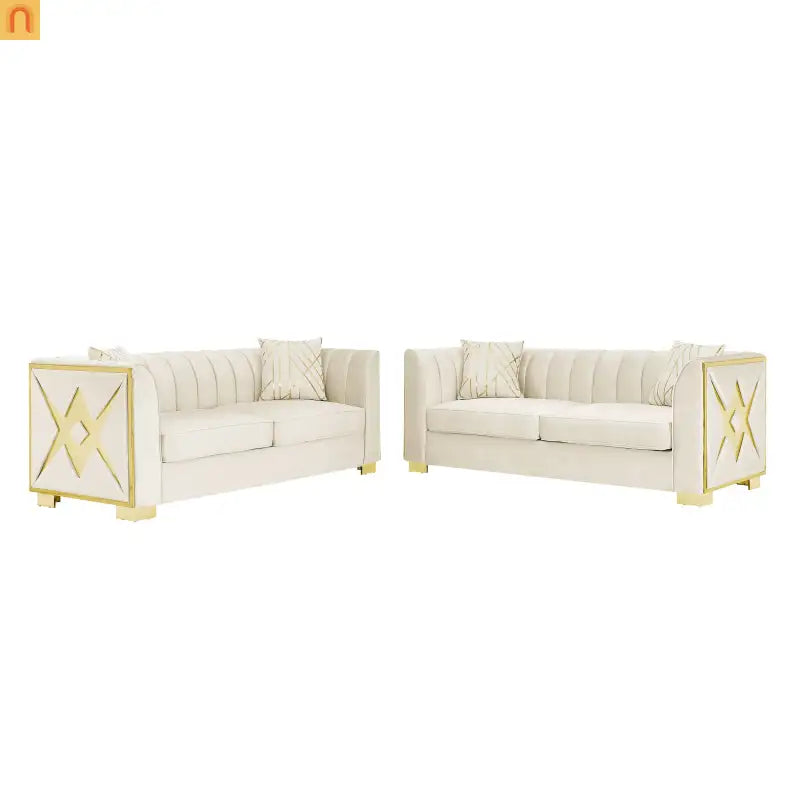 Sofa Mid-Century Velvet Beige 3-Seat Gold Hardware 81in
