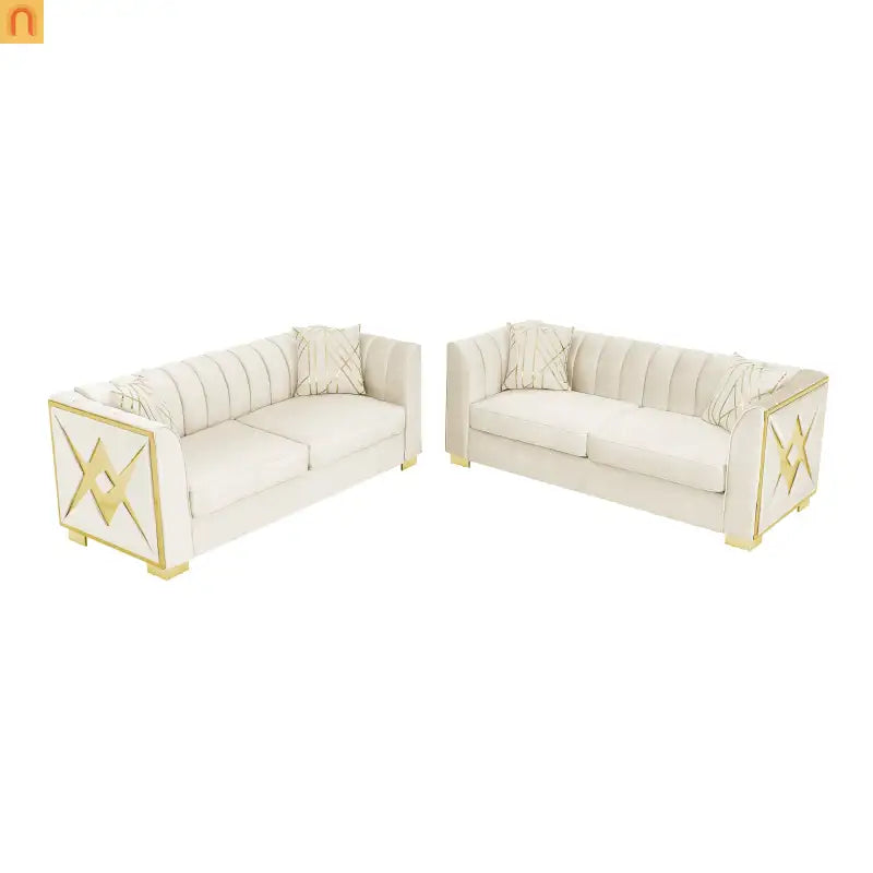 Sofa Mid-Century Velvet Beige 3-Seat Gold Hardware 81in