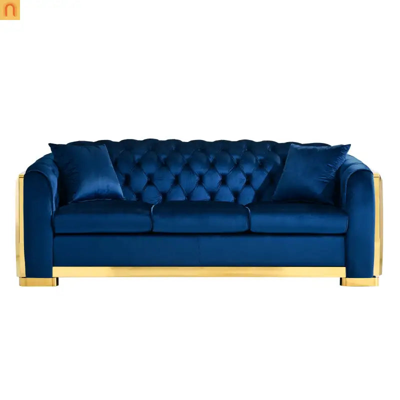 Sofa Chesterfield Velvet Navy 2-Piece Tufted Gold Accents