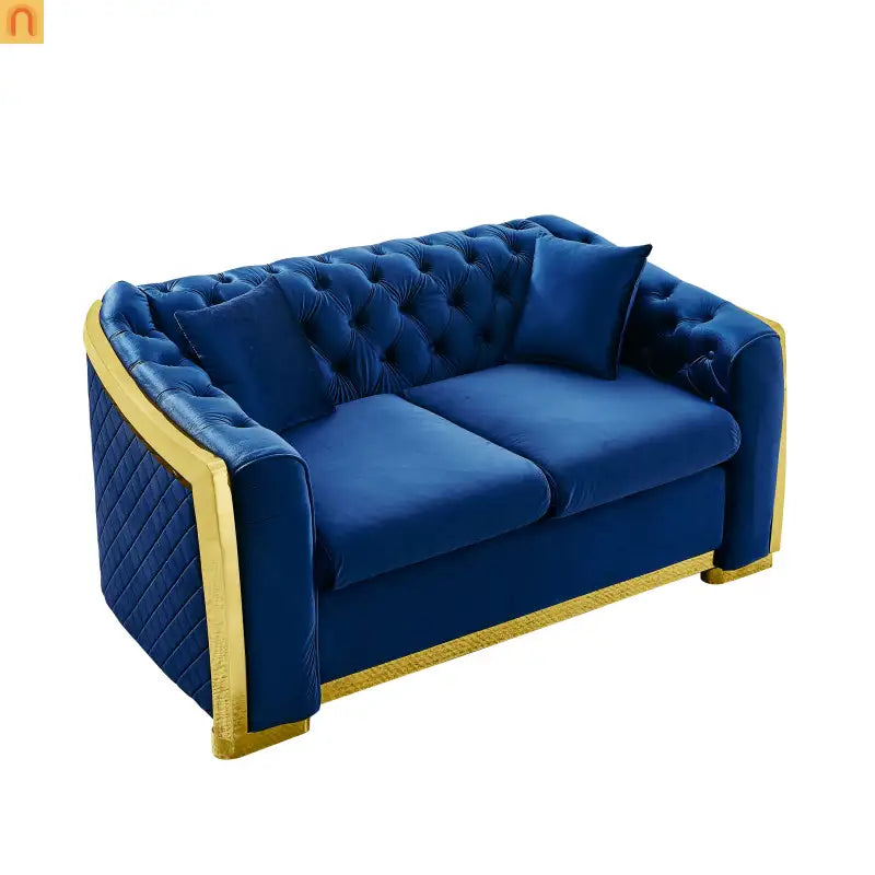 Sofa Chesterfield Velvet Navy 2-Piece Tufted Gold Accents