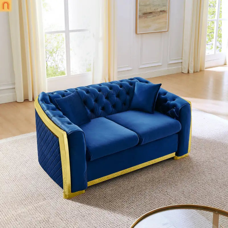 Sofa Chesterfield Velvet Navy 2-Piece Tufted Gold Accents