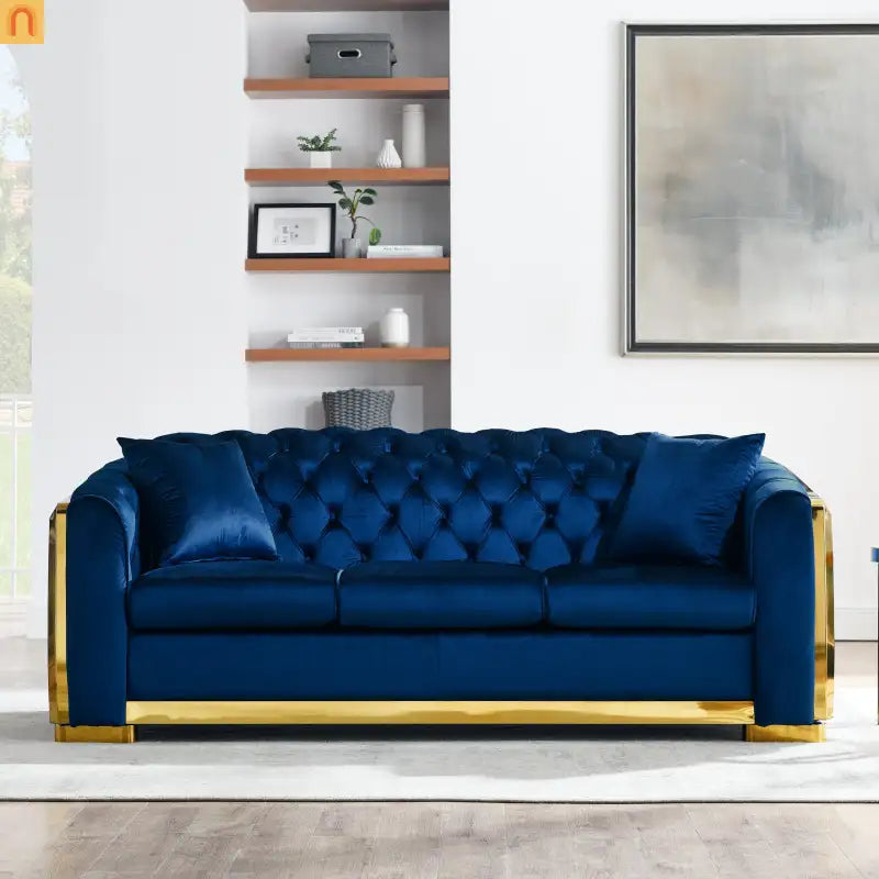 Sofa Chesterfield Velvet Navy 2-Piece Tufted Gold Accents