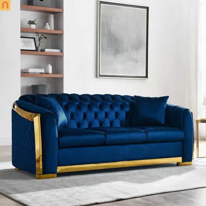 Sofa Chesterfield Velvet Navy 2-Piece Tufted Gold Accents