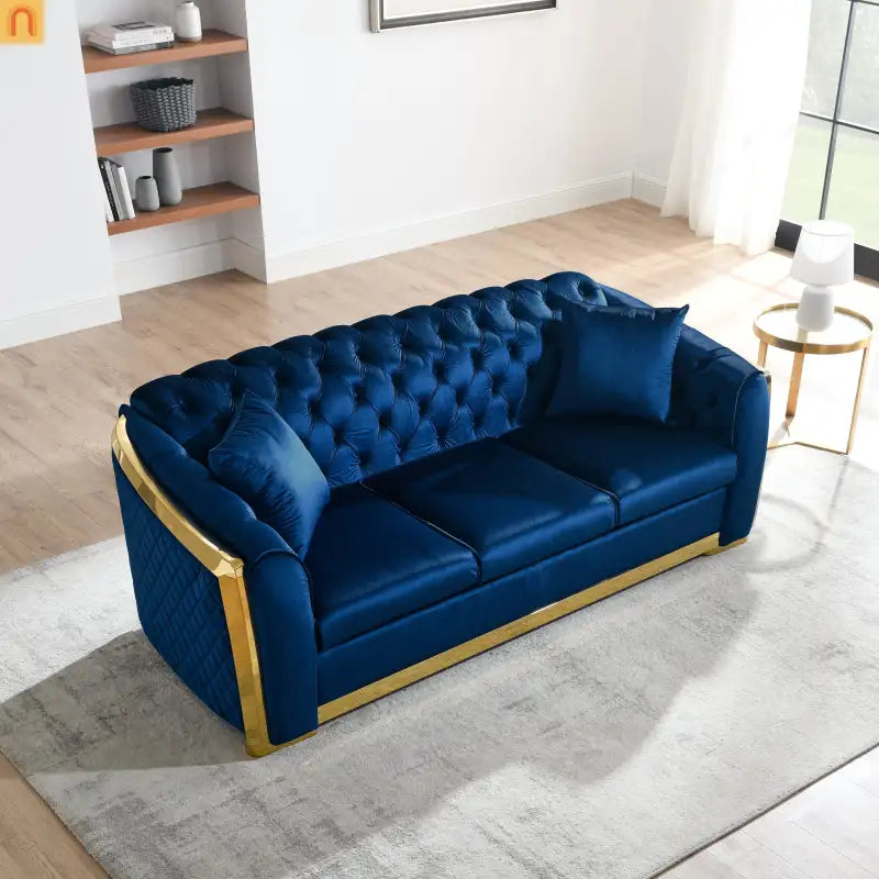 Sofa Chesterfield Velvet Navy 2-Piece Tufted Gold Accents