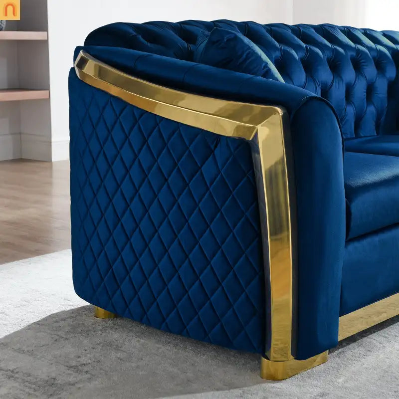 Sofa Chesterfield Velvet Navy 2-Piece Tufted Gold Accents
