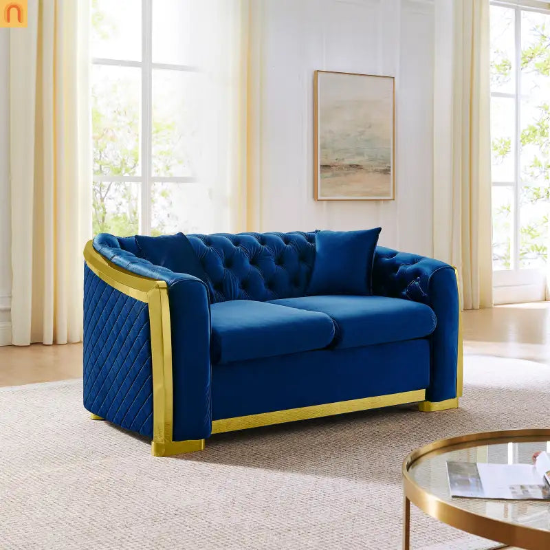 Sofa Chesterfield Velvet Navy 2-Piece Tufted Gold Accents