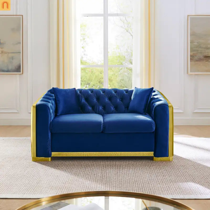 Sofa Chesterfield Velvet Navy 2-Piece Tufted Gold Accents