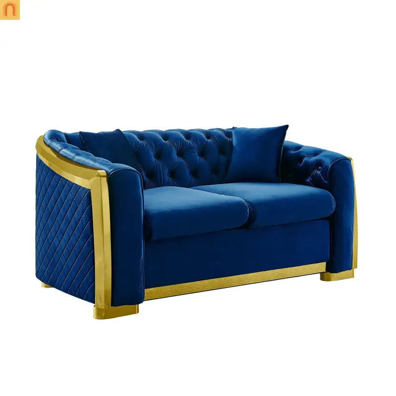 Sofa Chesterfield Velvet Navy 2-Piece Tufted Gold Accents