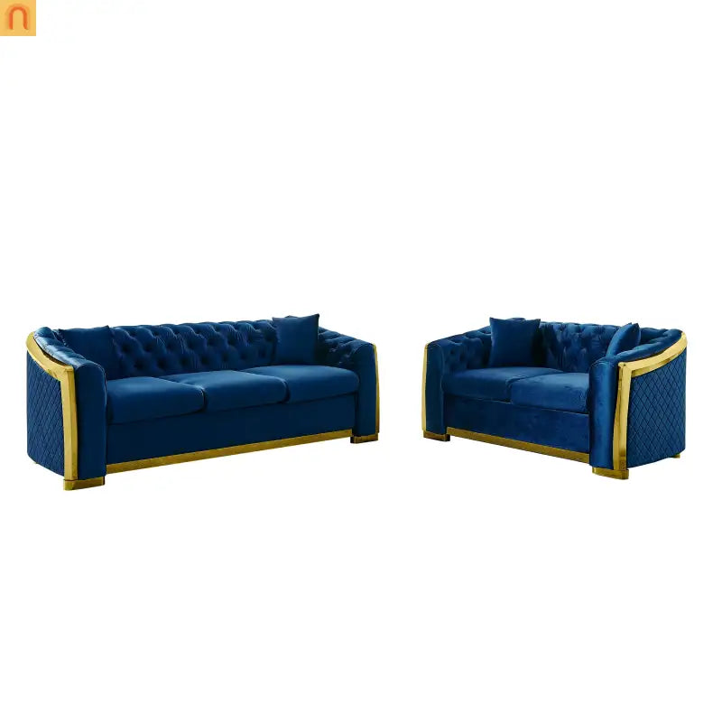 Sofa Chesterfield Velvet Navy 2-Piece Tufted Gold Accents