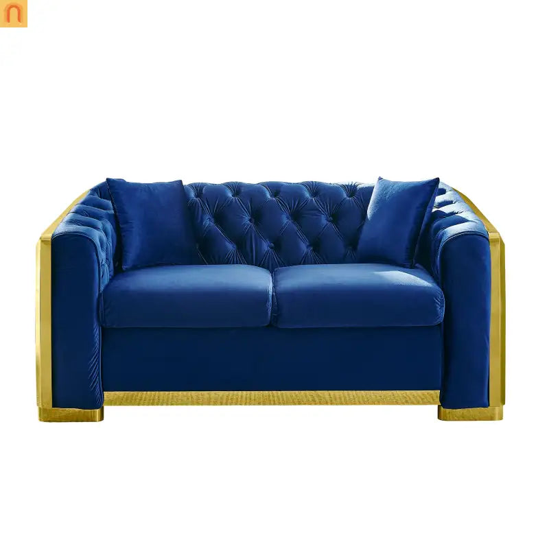 Sofa Chesterfield Velvet Navy 2-Piece Tufted Gold Accents