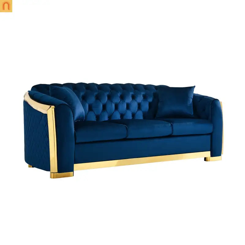 Sofa Chesterfield Velvet Navy 2-Piece Tufted Gold Accents