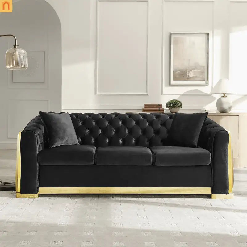 Sofa Chesterfield Velvet Black 2-Piece Tufted Gold Accents