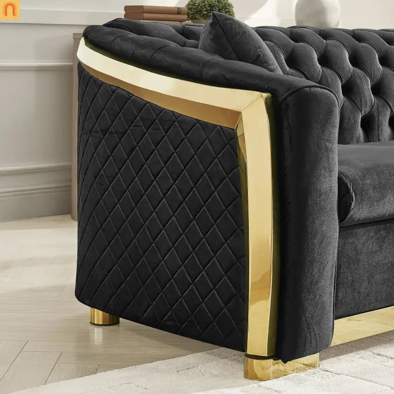 Sofa Chesterfield Velvet Black 2-Piece Tufted Gold Accents