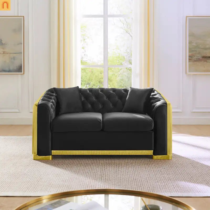 Sofa Chesterfield Velvet Black 2-Piece Tufted Gold Accents