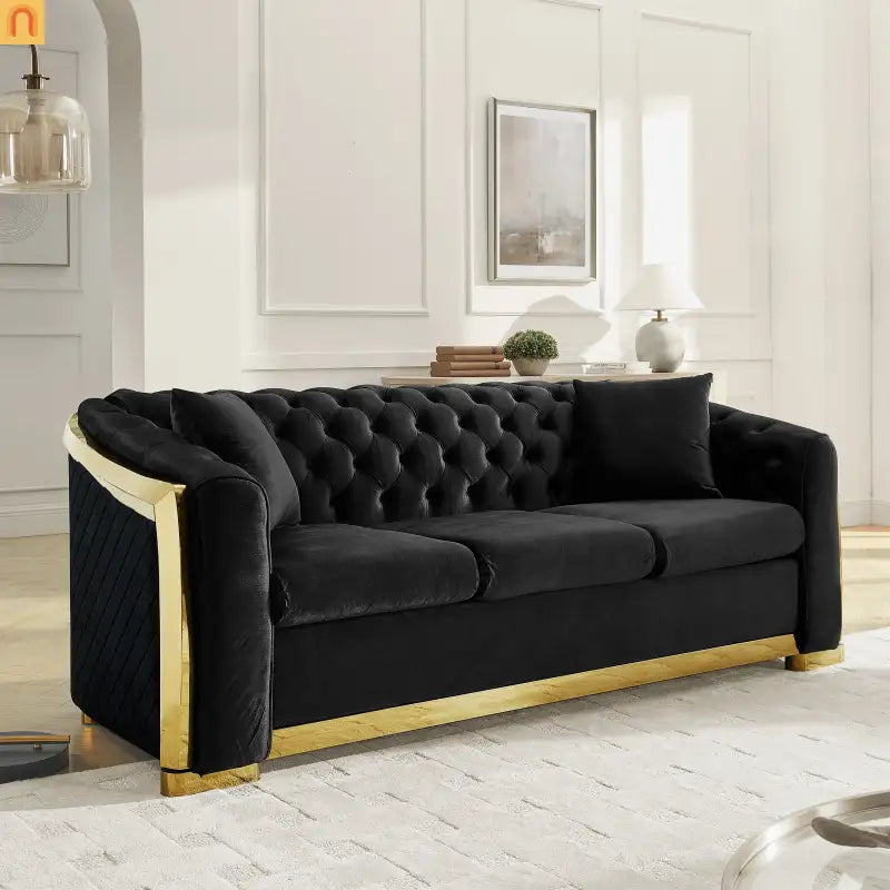 Sofa Chesterfield Velvet Black 2-Piece Tufted Gold Accents