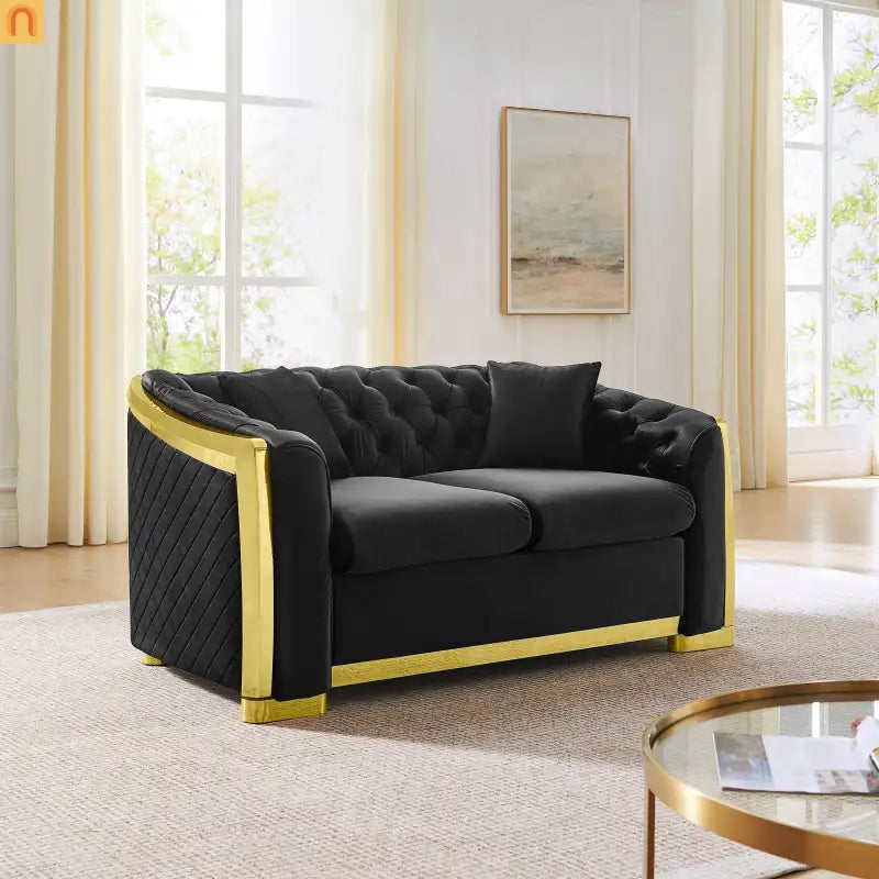 Sofa Chesterfield Velvet Black 2-Piece Tufted Gold Accents