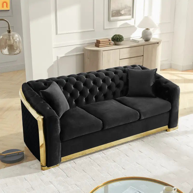 Sofa Chesterfield Velvet Black 2-Piece Tufted Gold Accents