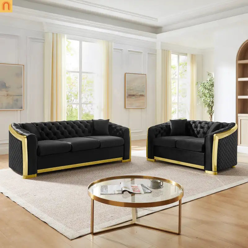 Sofa Chesterfield Velvet Black 2-Piece Tufted Gold Accents