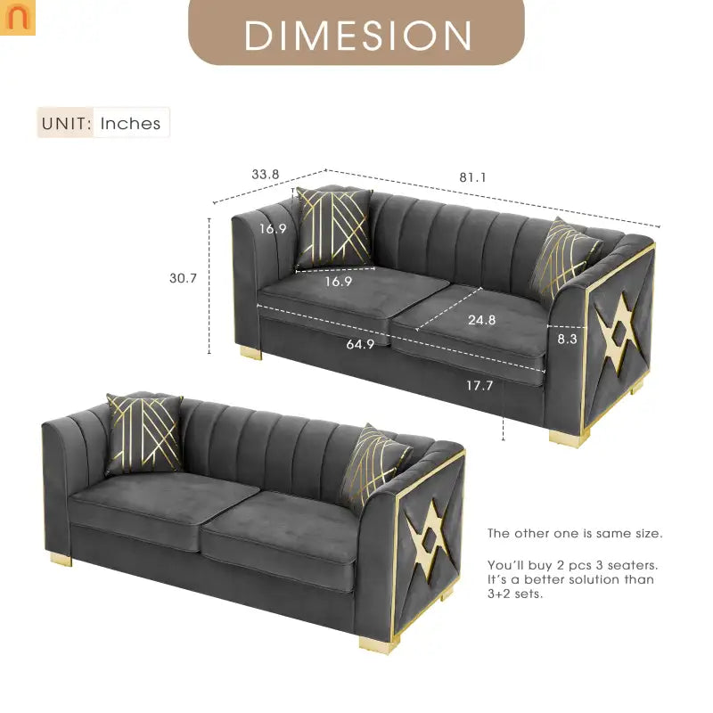 Sofa Mid-Century Velvet Gray 3-Seat Gold Hardware 81in