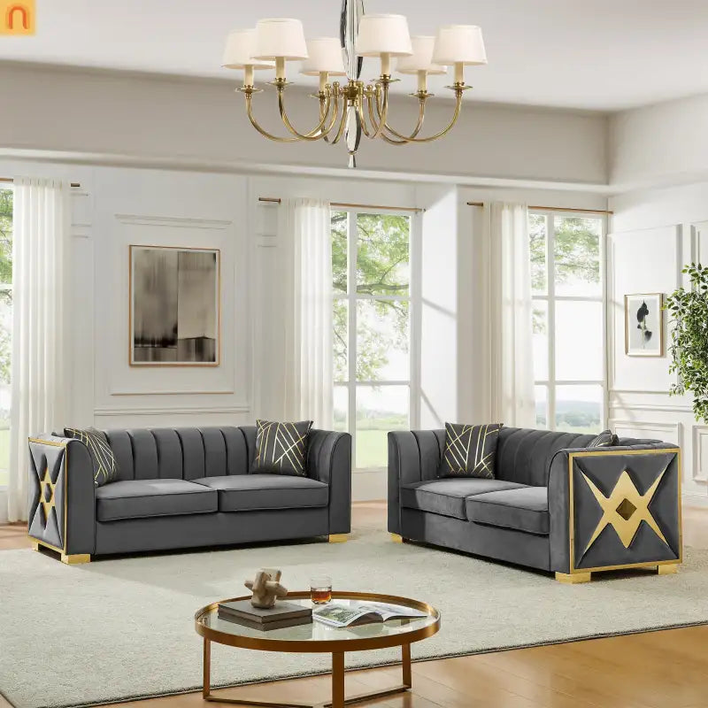 Sofa Mid-Century Velvet Gray 3-Seat Gold Hardware 81in