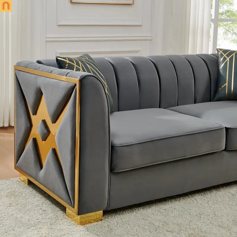 Sofa Mid-Century Velvet Gray 3-Seat Gold Hardware 81in