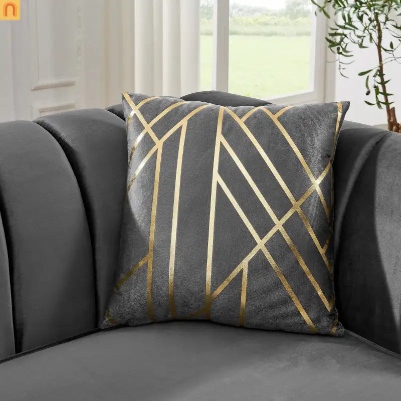 Sofa Mid-Century Velvet Gray 3-Seat Gold Hardware 81in