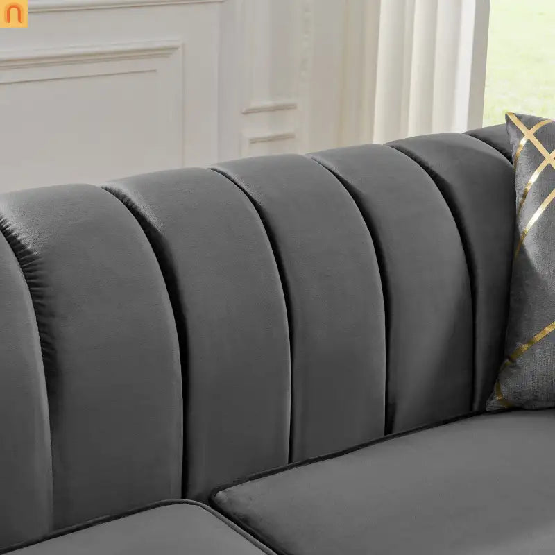Sofa Mid-Century Velvet Gray 3-Seat Gold Hardware 81in