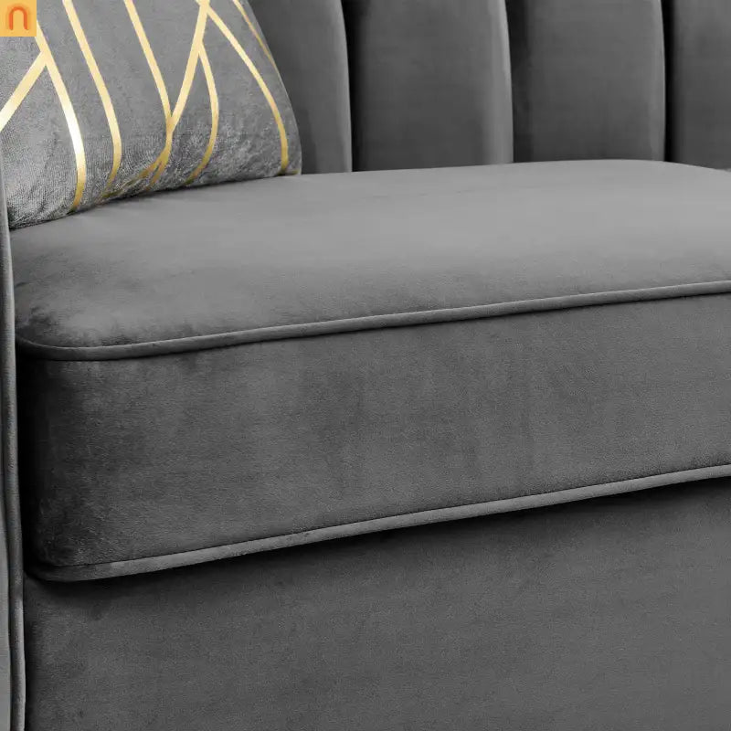 Sofa Mid-Century Velvet Gray 3-Seat Gold Hardware 81in