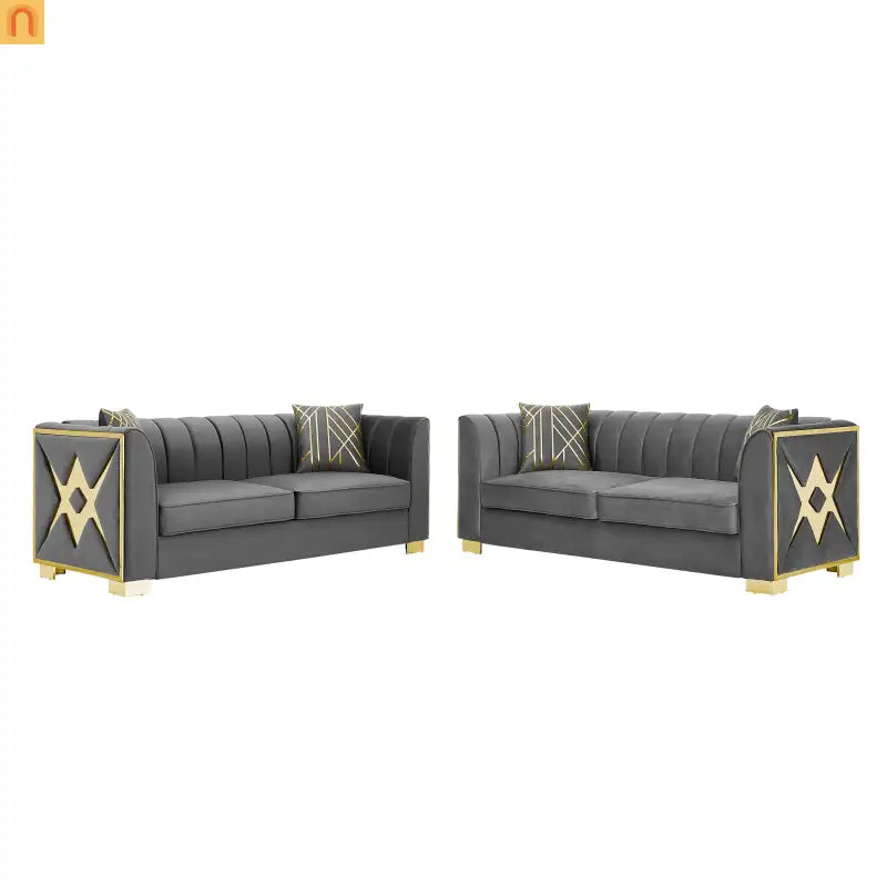 Sofa Mid-Century Velvet Gray 3-Seat Gold Hardware 81in