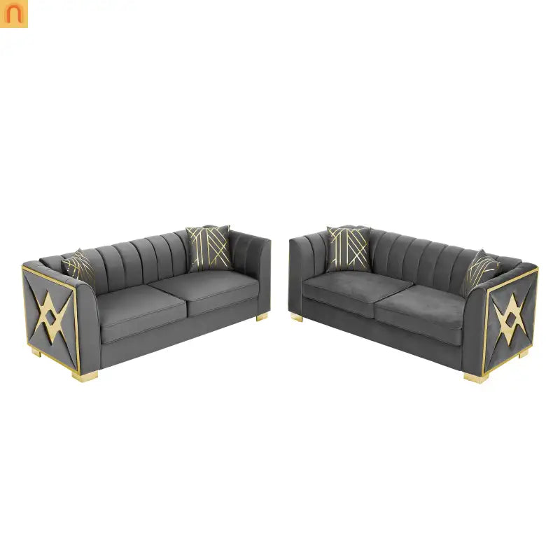 Sofa Mid-Century Velvet Gray 3-Seat Gold Hardware 81in