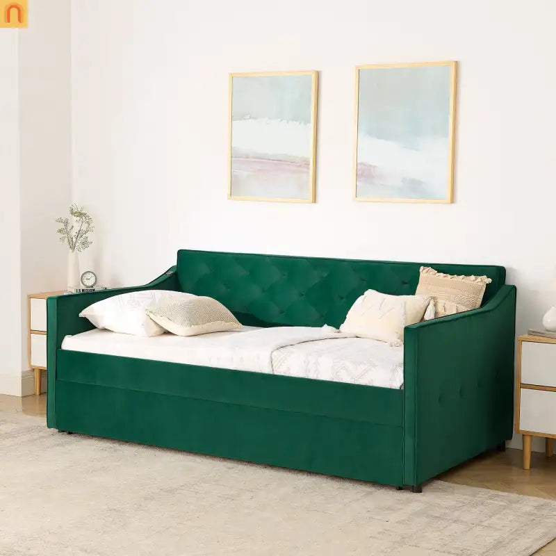Sofa Daybed Velvet Green Twin Trundle USB Tufted 300 lb 81in