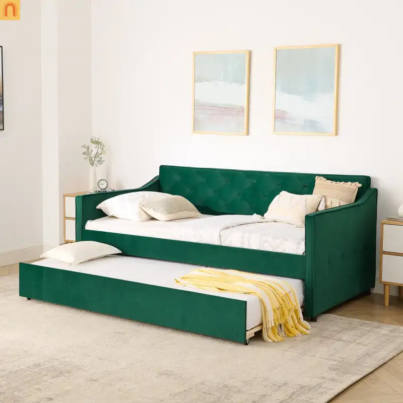 Sofa Daybed Velvet Green Twin Trundle USB Tufted 300 lb 81in