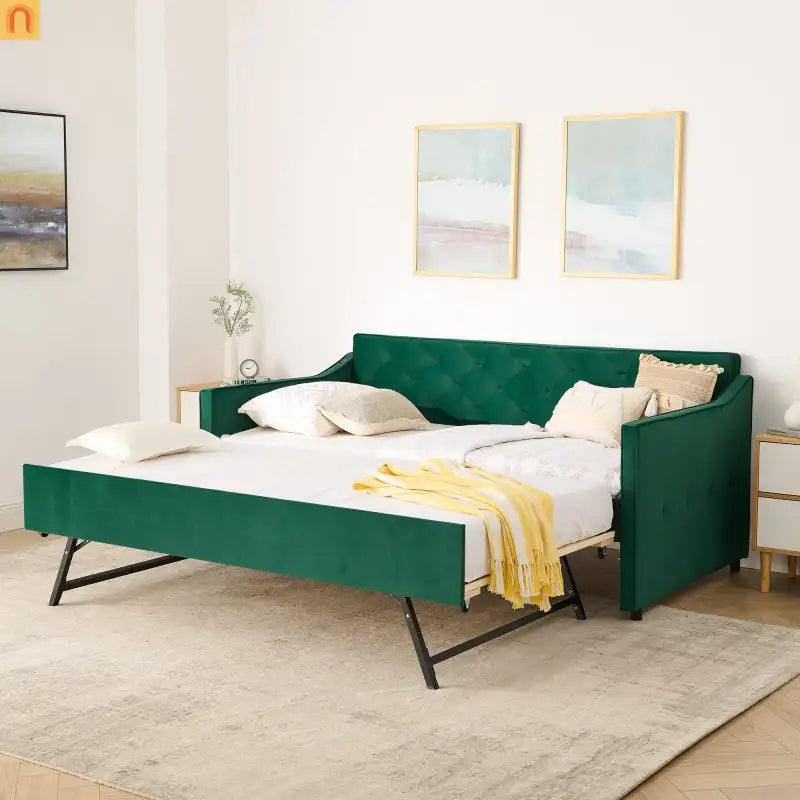 Sofa Daybed Velvet Green Twin Trundle USB Tufted 300 lb 81in