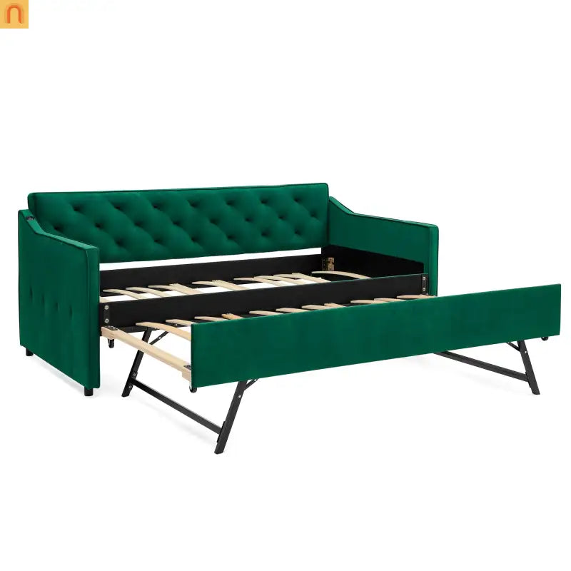 Sofa Daybed Velvet Green Twin Trundle USB Tufted 300 lb 81in
