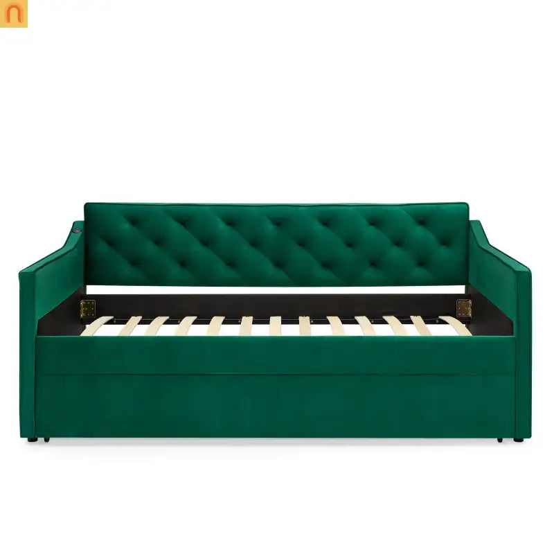 Sofa Daybed Velvet Green Twin Trundle USB Tufted 300 lb 81in