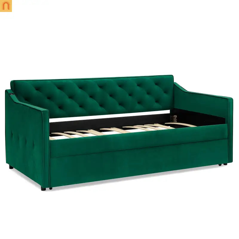 Sofa Daybed Velvet Green Twin Trundle USB Tufted 300 lb 81in