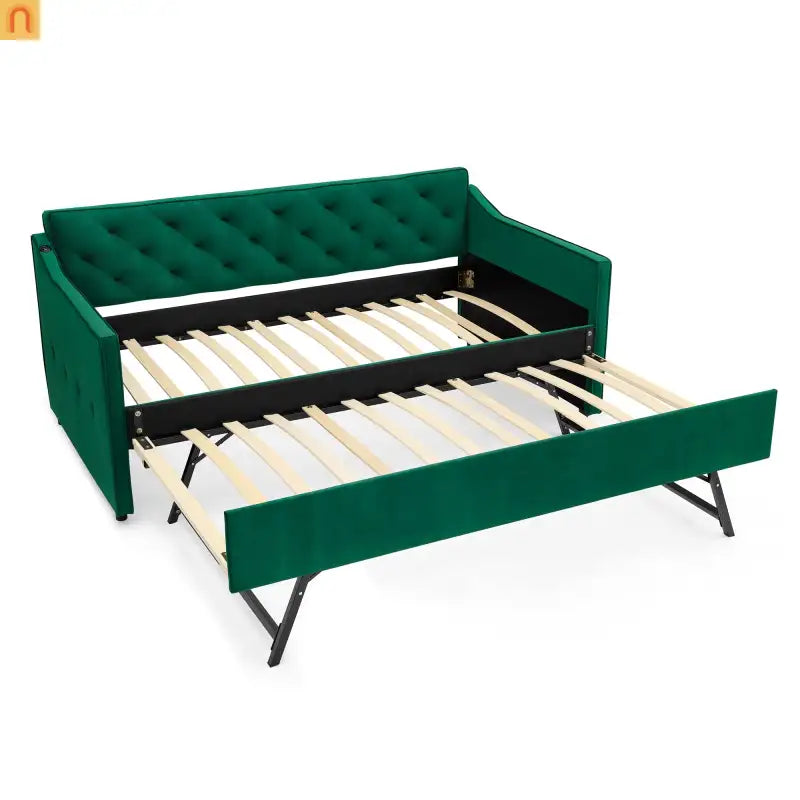 Sofa Daybed Velvet Green Twin Trundle USB Tufted 300 lb 81in