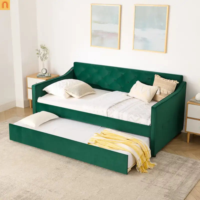 Sofa Daybed Velvet Green Twin Trundle USB Tufted 300 lb 81in