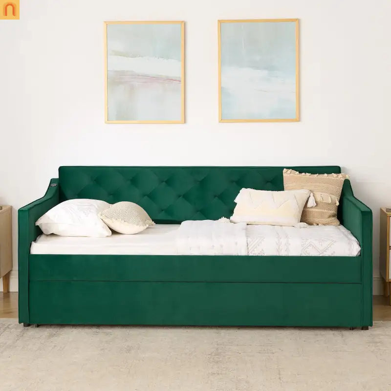 Sofa Daybed Velvet Green Twin Trundle USB Tufted 300 lb 81in