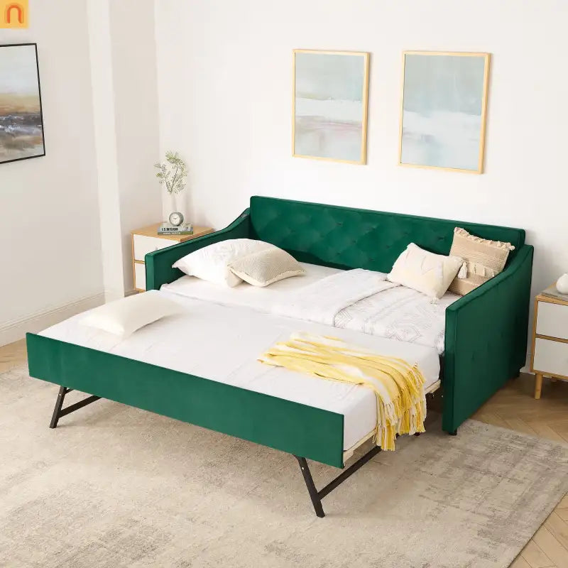 Sofa Daybed Velvet Green Twin Trundle USB Tufted 300 lb 81in