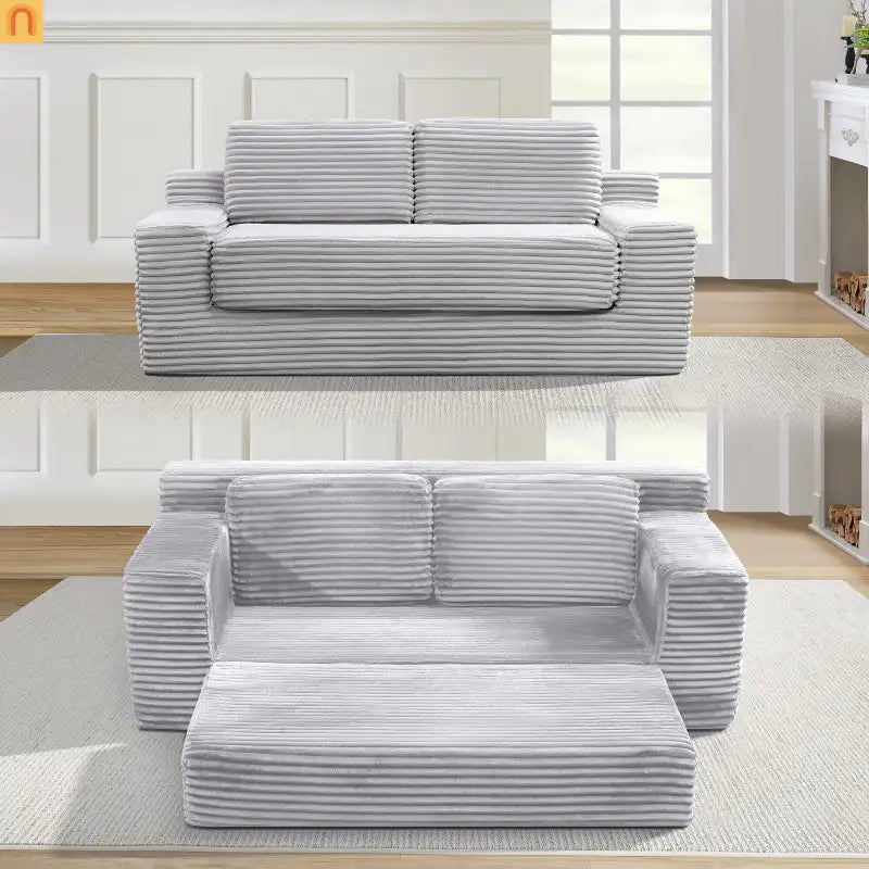 Sofa Bed Convertible Corduroy Gray 2-Seat Floor Bed 70in No Assembly