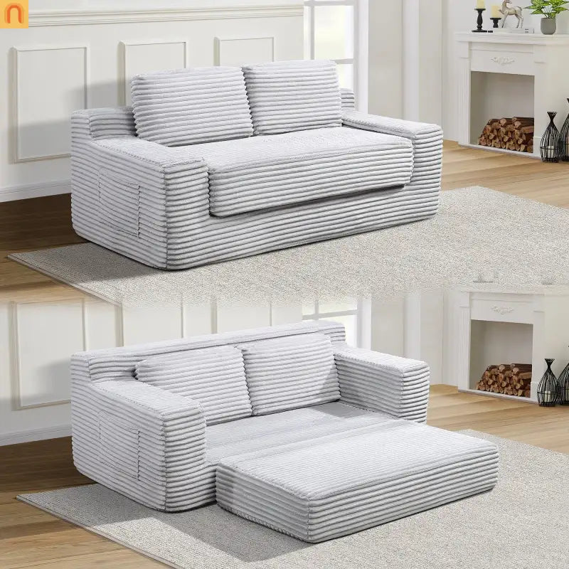 Sofa Bed Convertible Corduroy Gray 2-Seat Floor Bed 70in No Assembly